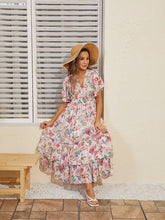 Boho Chiffon Pleated Long Women Dress Sexy Vintage Elegant V Neck Short Sleeve Dress Pink Floral Beach Summer Dress Women
